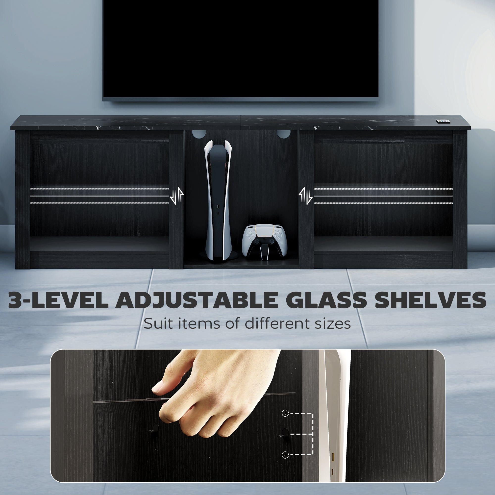 TV Stand with LED Lights, Modern Entertainment Center with Adjustable Glass Shelves, for TVs up to 70 Inch, Black