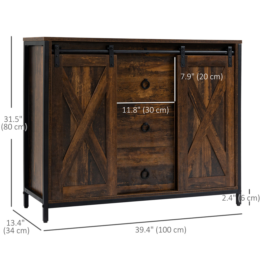 Industrial Buffet Cabinet, Kitchen Sideboard with Sliding Barn Doors, Three Drawers and Adjustable Shelves, Rustic Brown