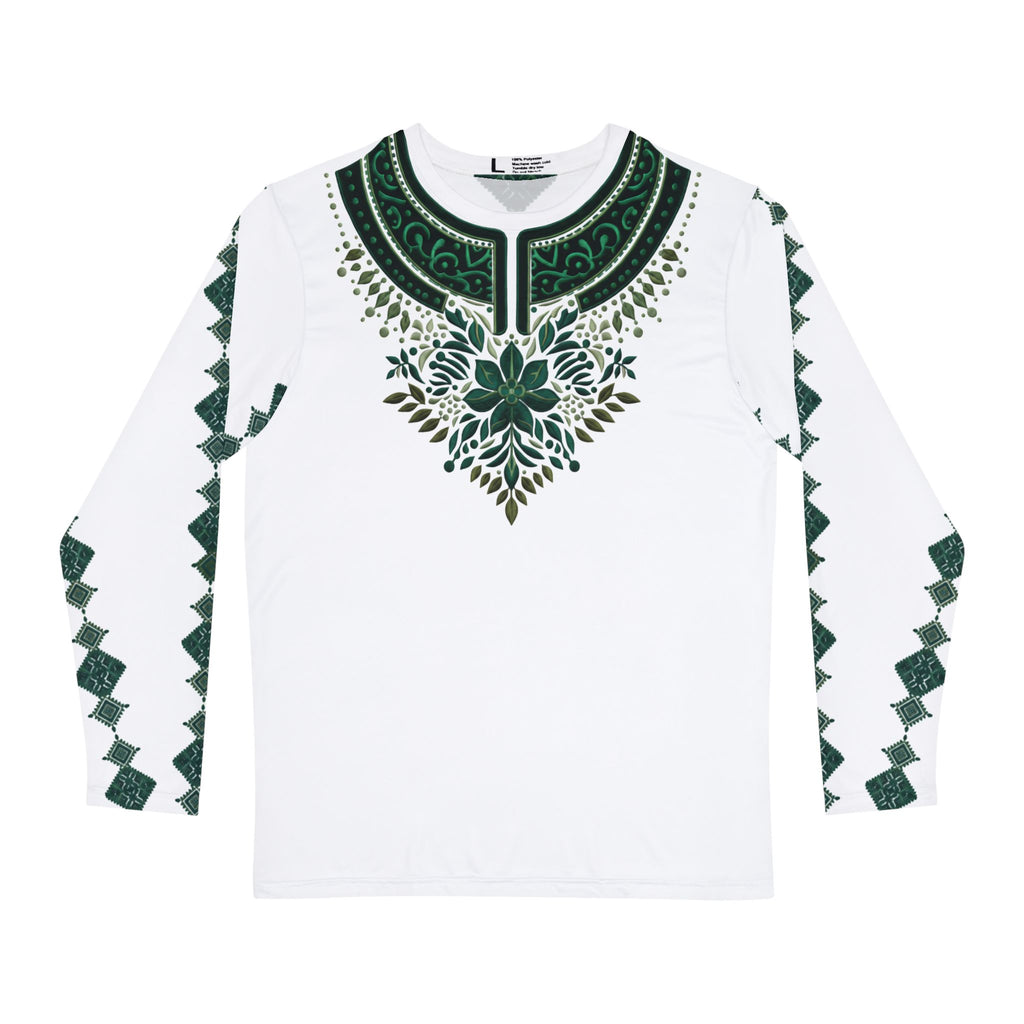 Men's Tribal-Inspired Long Sleeve Shirt – Green Ornamental Dashiki Design