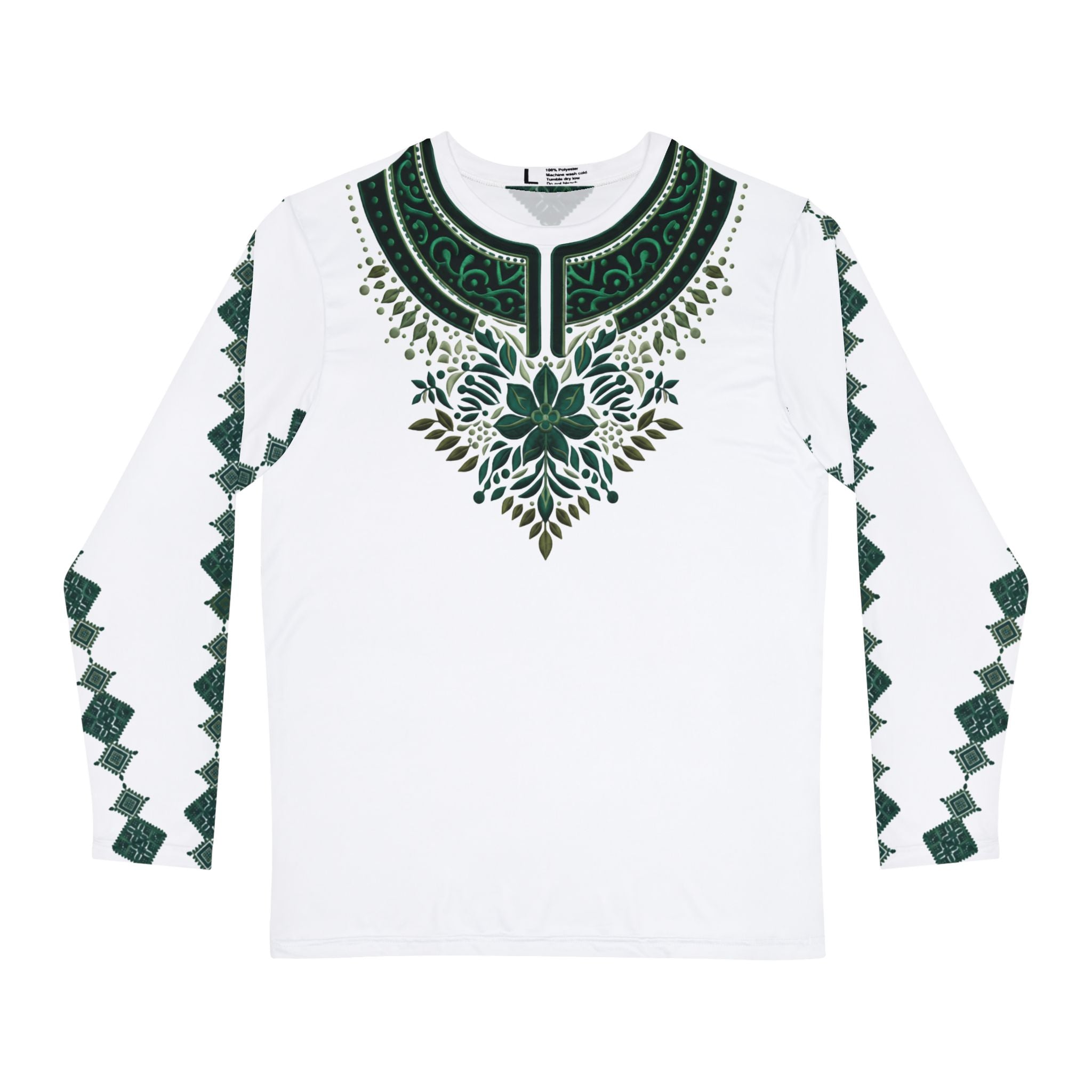 Men's Tribal-Inspired Long Sleeve Shirt – Green Ornamental Dashiki Design