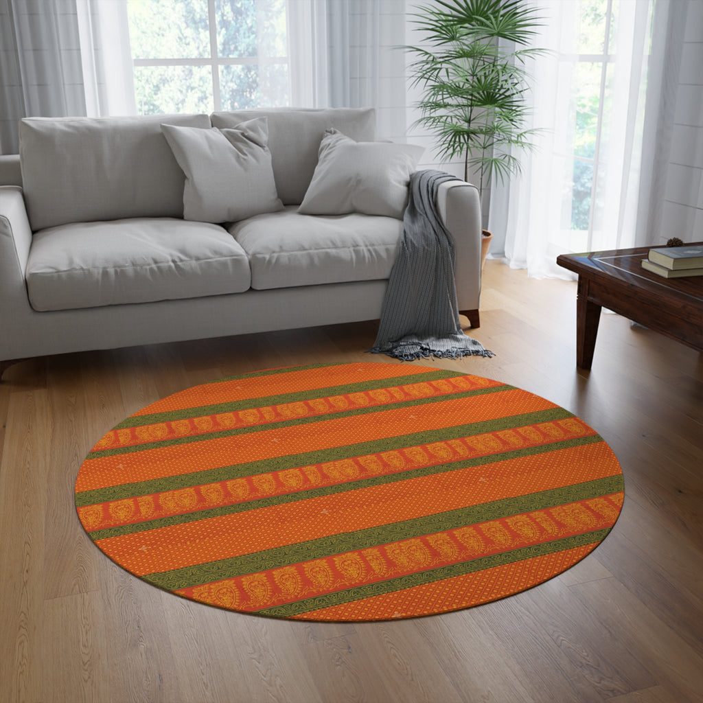 Autumn Stripe Round Rug – Rustic Orange & Olive Boho Floor Mat