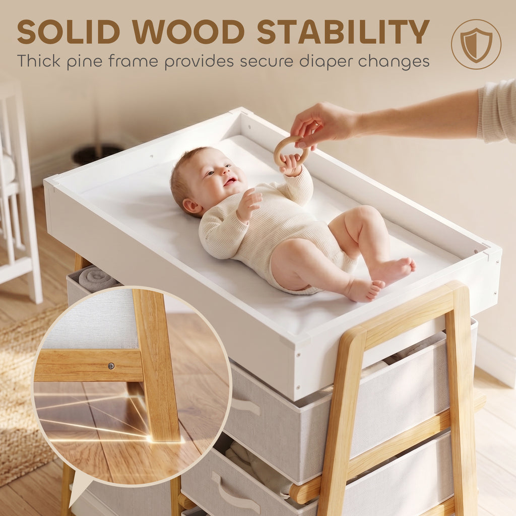 Qaba Baby Changing Table, Diaper Changing Station with Waterproof Pad, 3 Drawers and Large Basket for Newborn & Infant, White