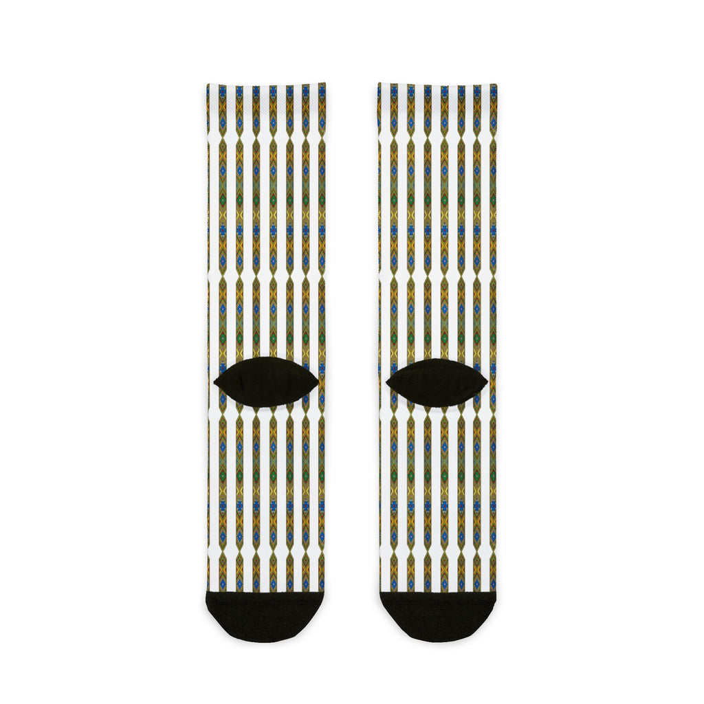 Striped Geometric Crew Socks — Blue & Gold Sublimation Pattern