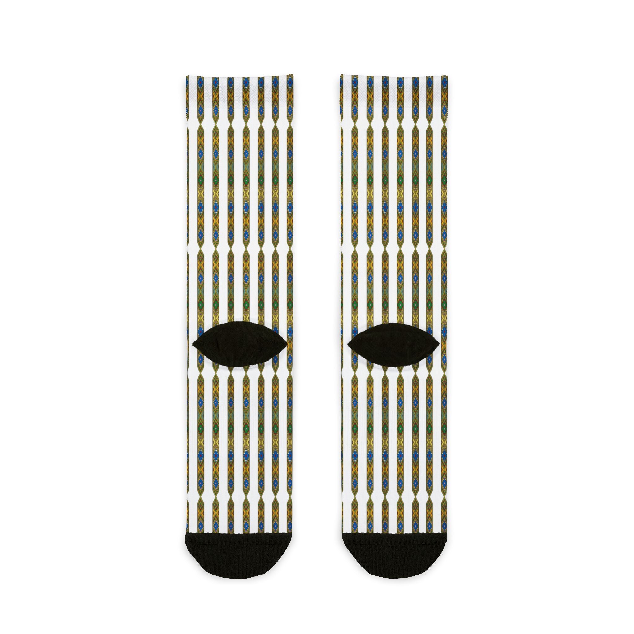 Striped Geometric Crew Socks — Blue & Gold Sublimation Pattern