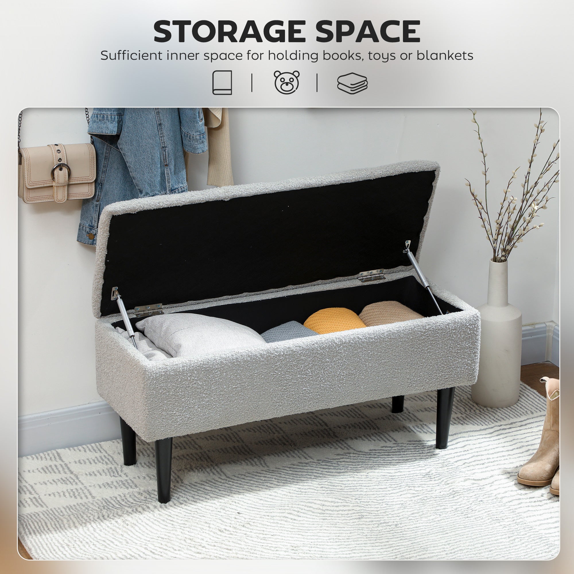 Modern Storage Bench, Ottoman with Storage and Lamb's Wool Upholstery for Living Room, Bedroom, Grey