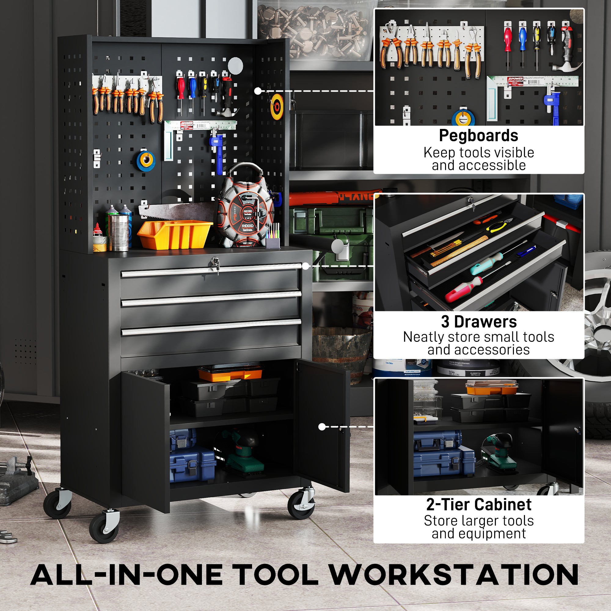 Rolling Tool Cabinet with Pegboard, Lockable Tool Chest, Mobile Tool Storage Organizer for Garage and Workshop, Black