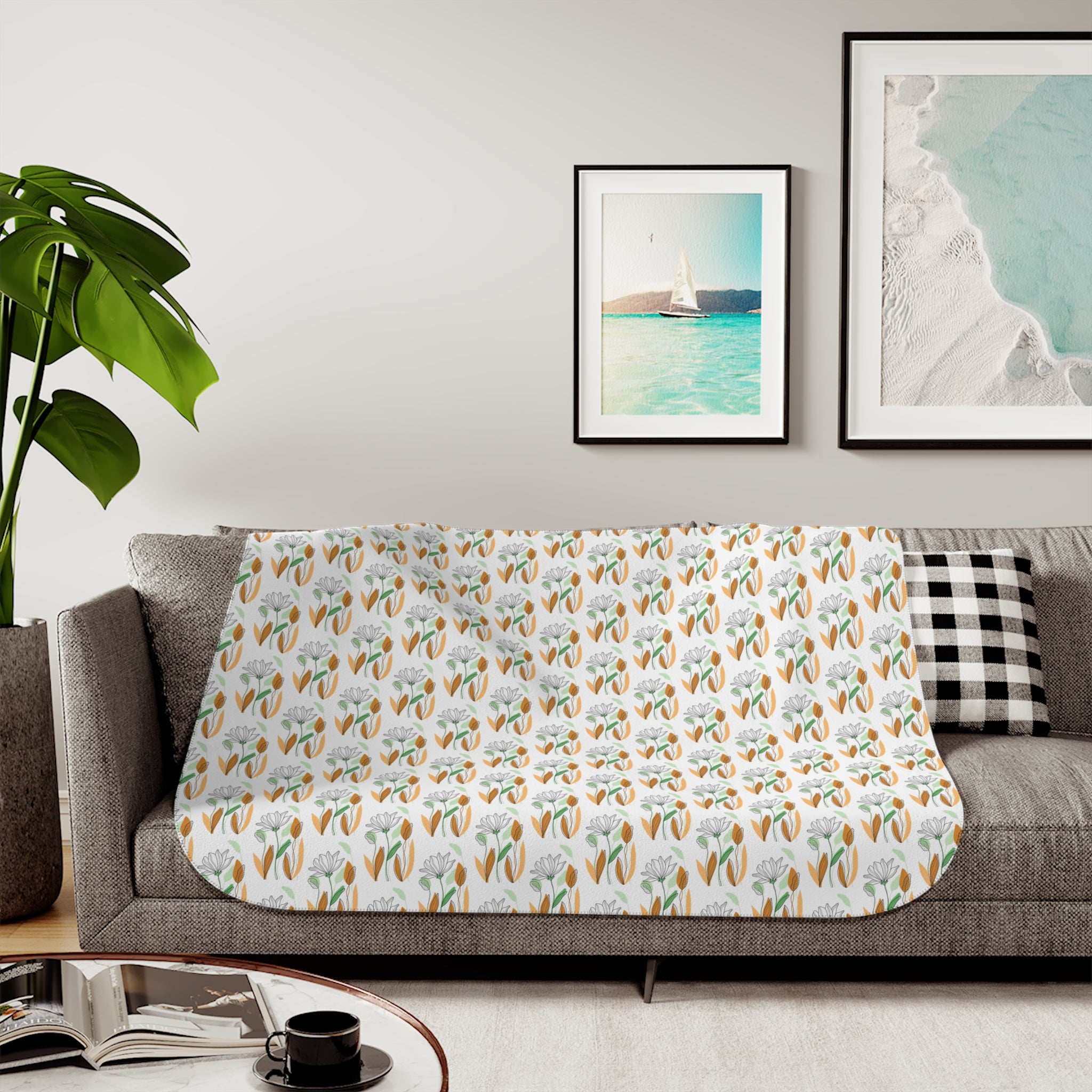 Boho Floral Sherpa Blanket — Cozy Neutral Floral Throw