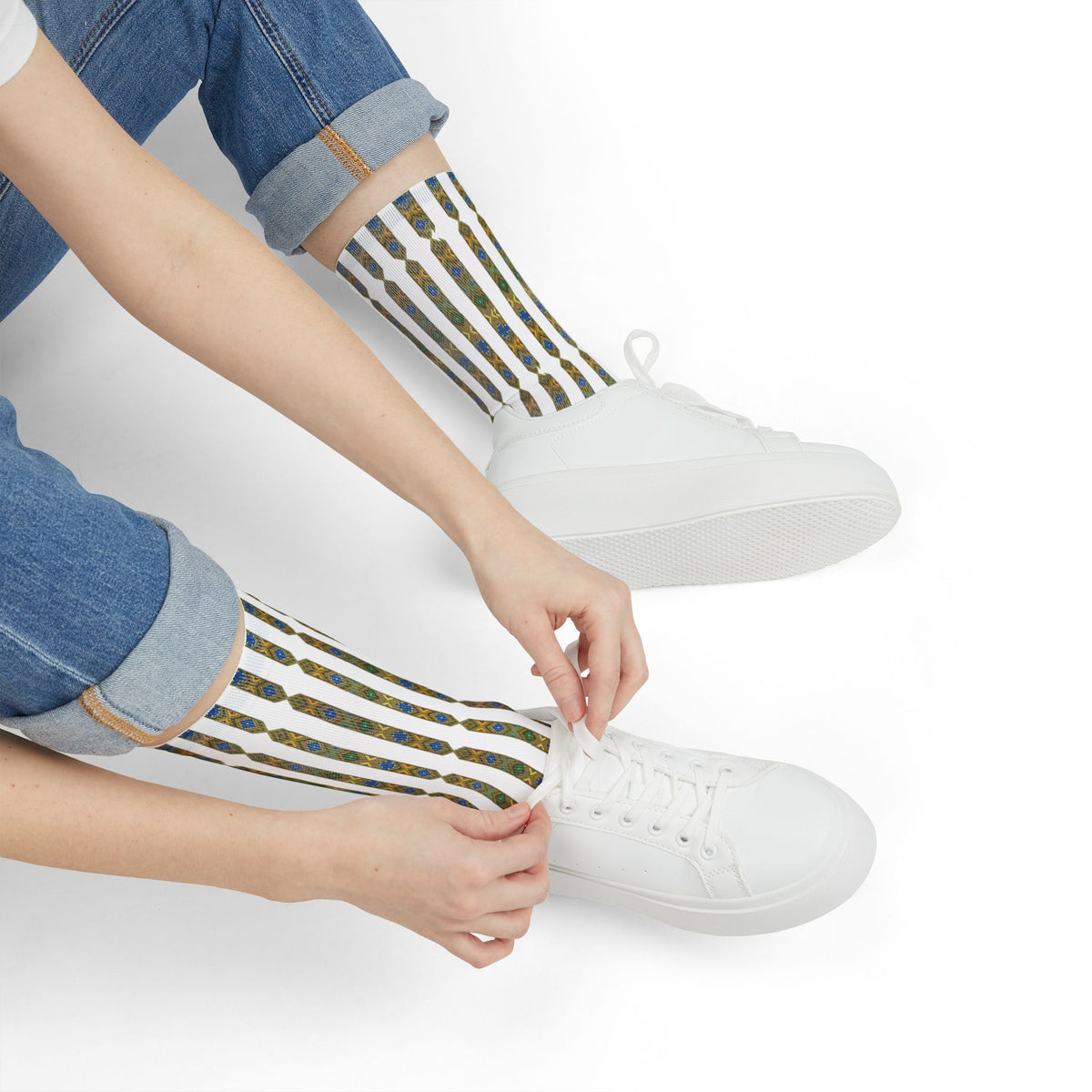Striped Geometric Crew Socks — Blue & Gold Sublimation Pattern