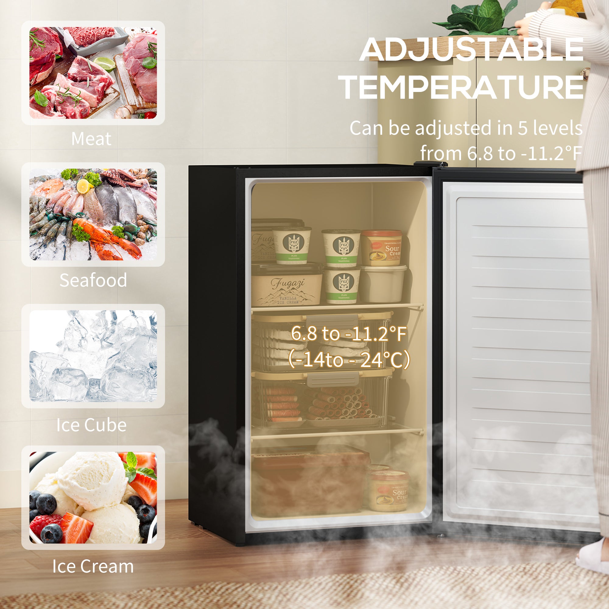 1.1 Cu. Ft. Mini Freezer, Compact Upright Freezer with Reversible Door, Removable Shelf, Adjustable Temperature, White