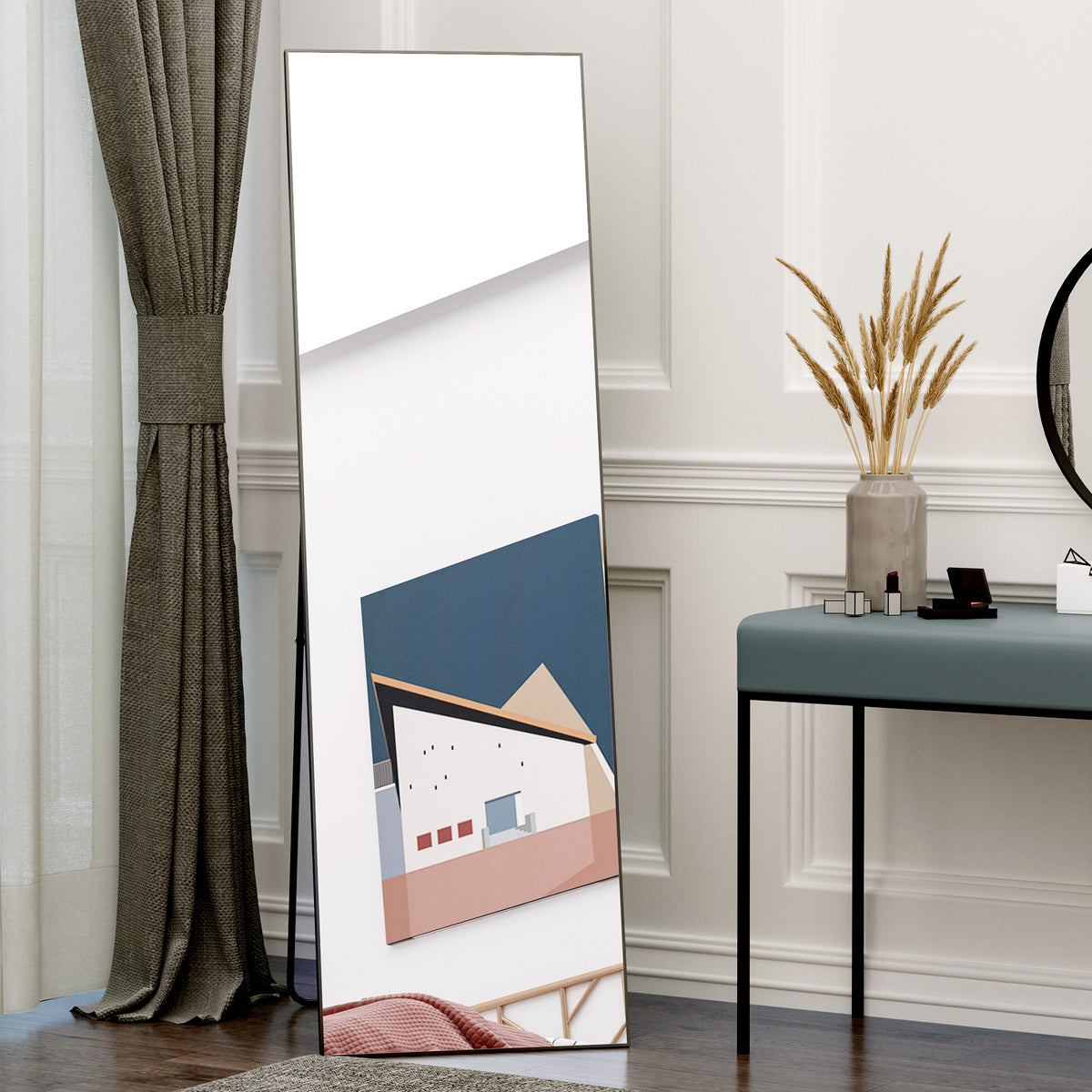 64"x20" ሙሉ ቁመት መስታወት፣ ኣብ ምድሪ ዝተቐመጠ፣ ኣብ መንደቕ ዝተሰቕለ፣ ወይ ኣብ መንደቕ ዝተደገፈ ሓደ ሓገዝ ዘለዎ ናይ ምድሪ መስታወት፣ ንድሕሪት ዝርከብ ሙሉ ቁመት መስታወት ንበዓል ቤት፣ ንሳሎን፣ ጸሊም።