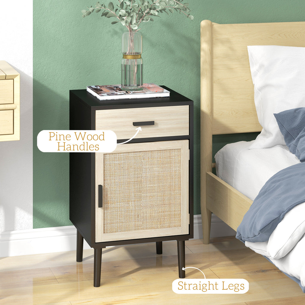 Boho Bedside Tables Set of 2, Nightstands with Drawer, Rattan Cabinet, Adjustable Shelf for Bedroom, Living Room, Black