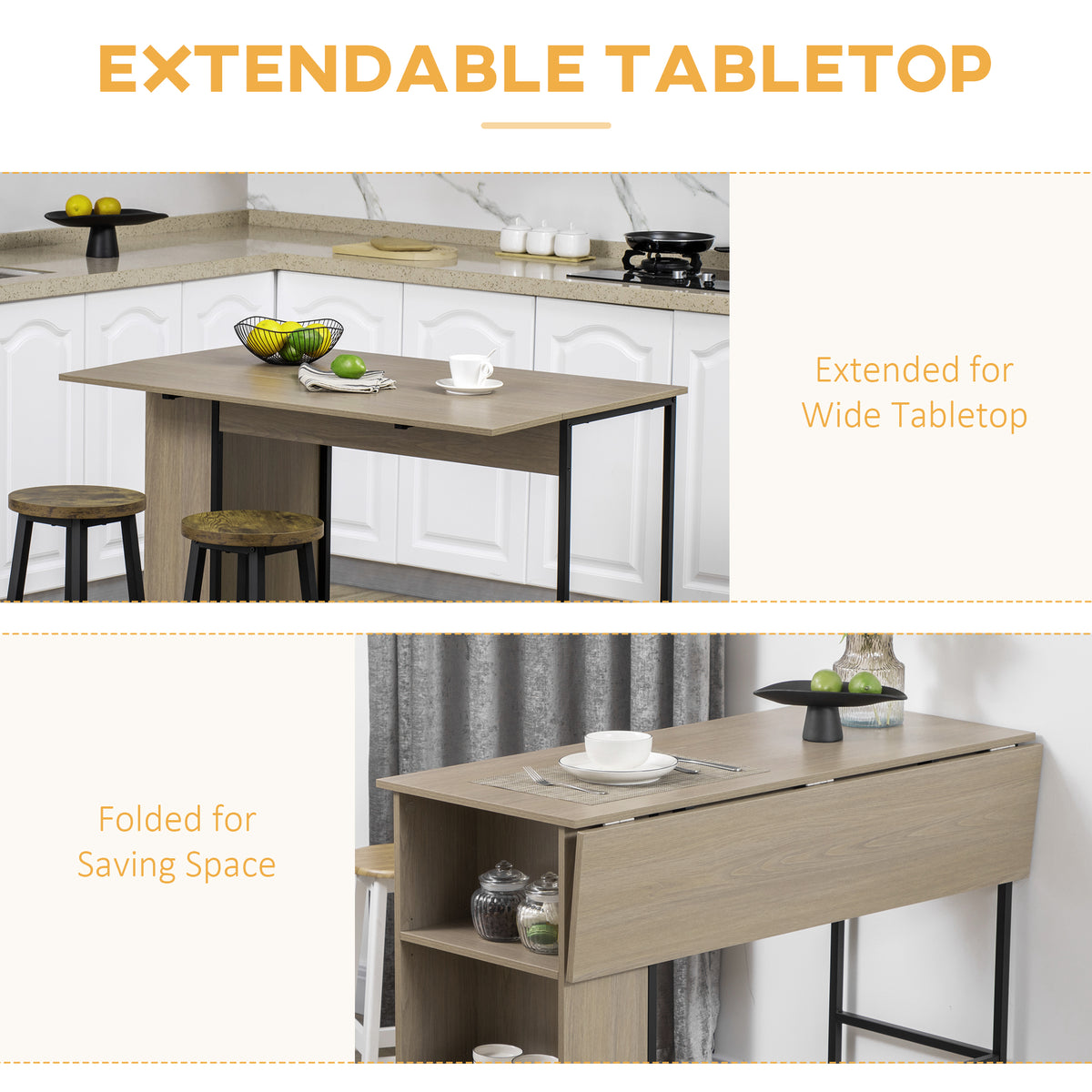 Counter Height Table with Drop Leaf, Extendable Bar Table with Adjustable Storage Shelf, Light Grey