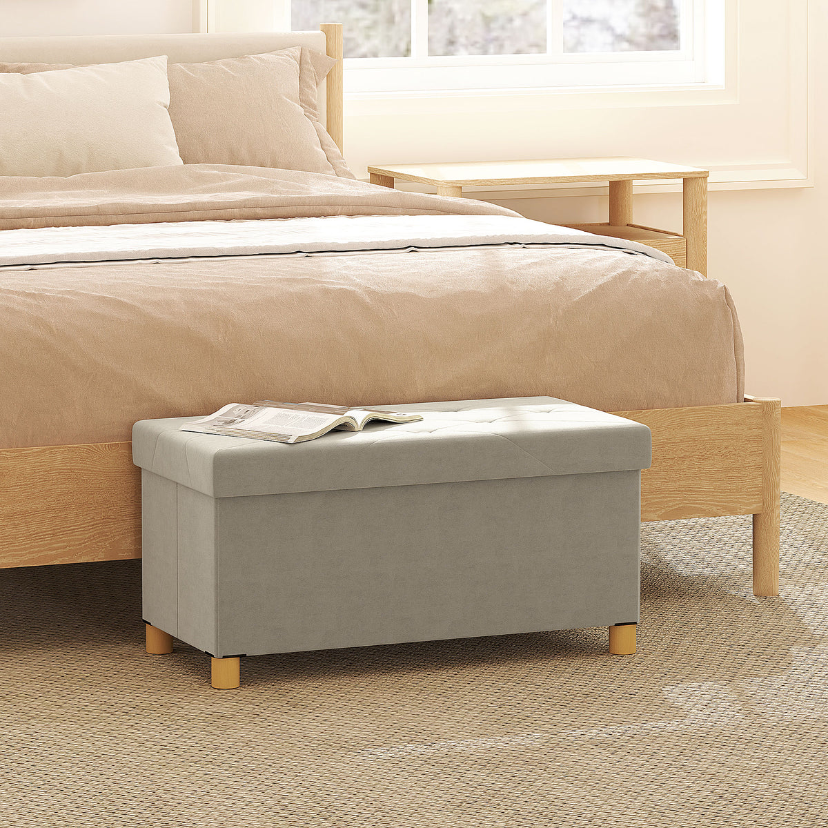 Storage Ottoman Bench, Velvet Upholstered Foldable Ottoman Footrest, Foot Stool with Wood Legs for Living Room, Bedroom