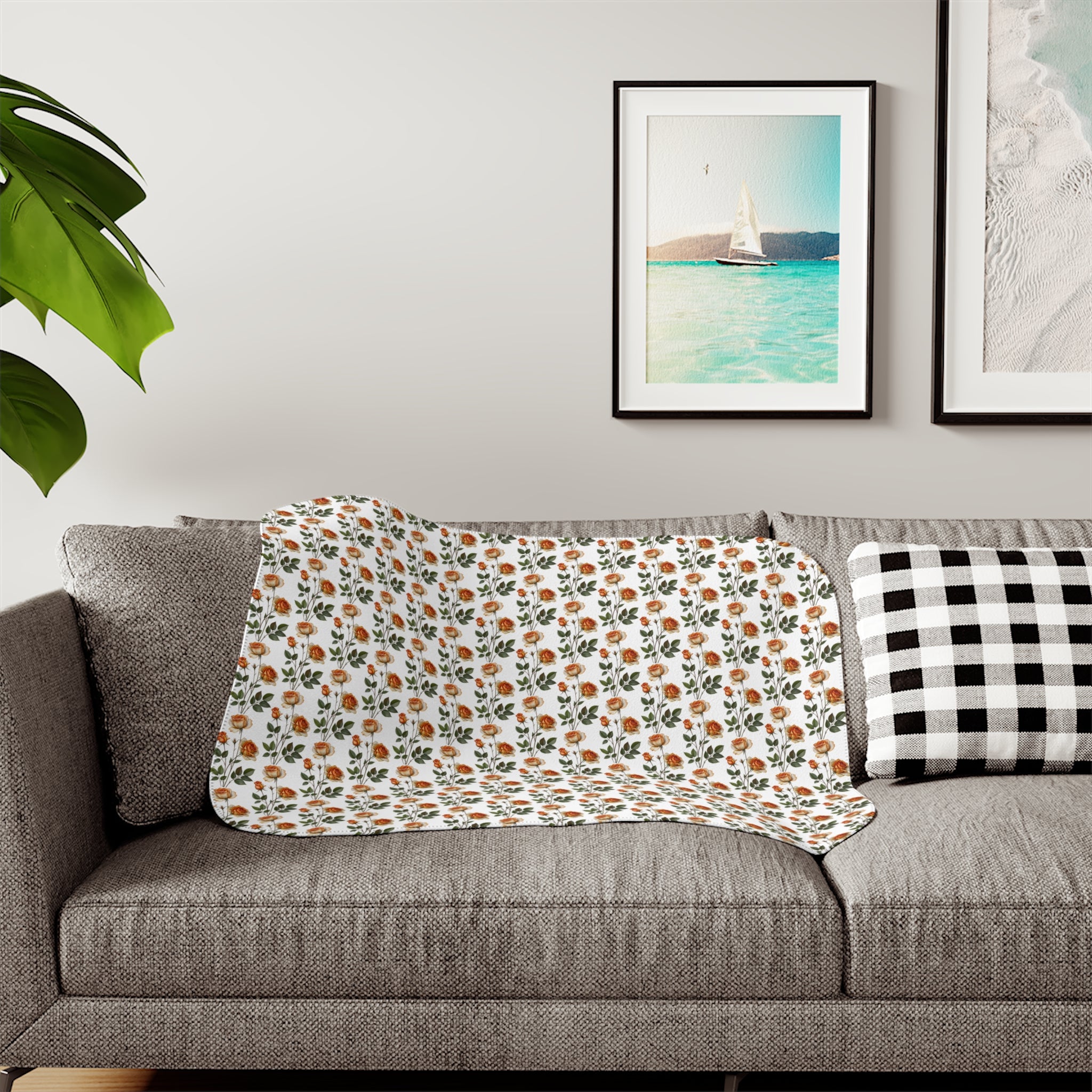 Autumn Floral Sherpa Blanket — Cozy Fall Throw with Orange & Green Bouquet Pattern