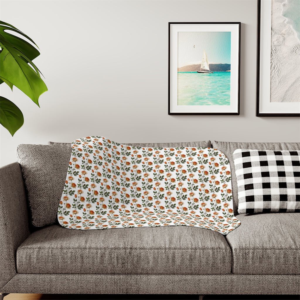 Autumn Floral Sherpa Blanket — Cozy Fall Throw with Orange & Green Bouquet Pattern