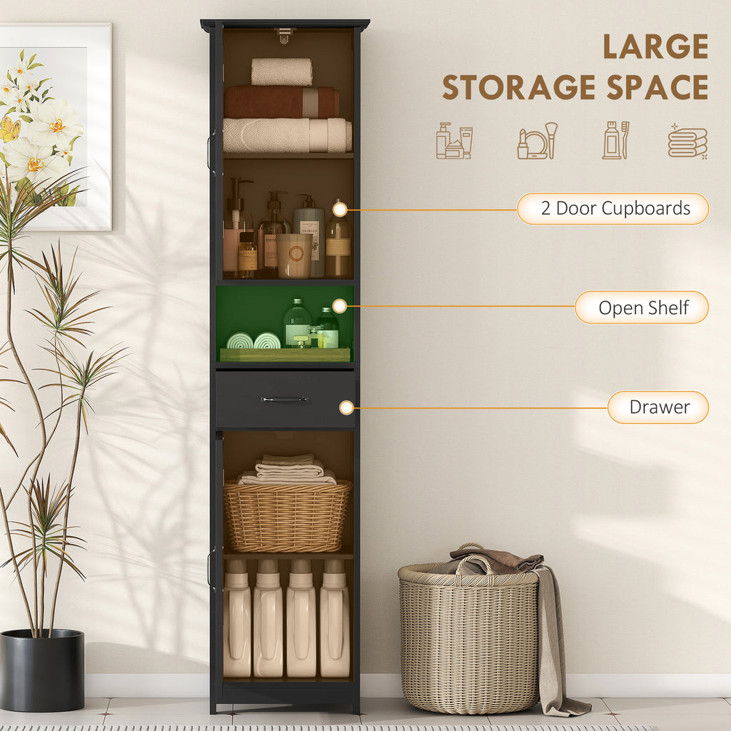 Modern Bathroom Cabinet, Narrow Bathroom Vanities with Open Shelf Drawer Recessed Doors and Adjustable Shelves White