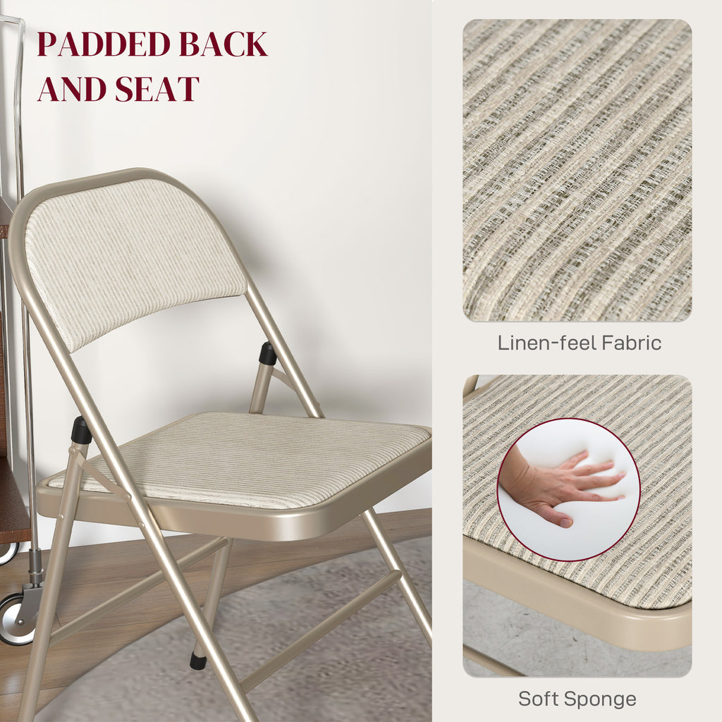 Set of 6 Metal Foldable Chairs, Faux Linen Padded Folding Chairs with Cushion Seat and Open Back for Indoor, Beige
