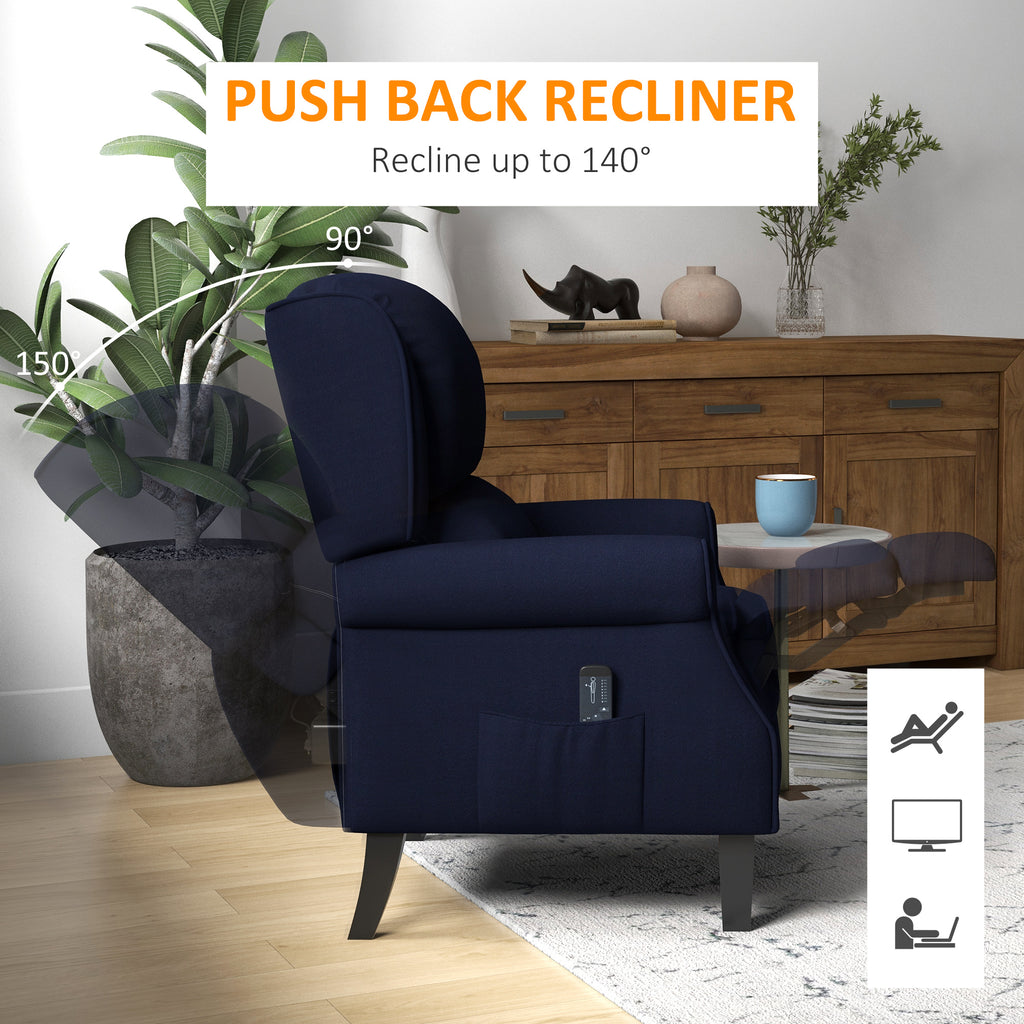 Push Back Recliner Chair, Vibration Massage Recliner for Living Room with Extendable Footrest, Remote, Pocket, Blue