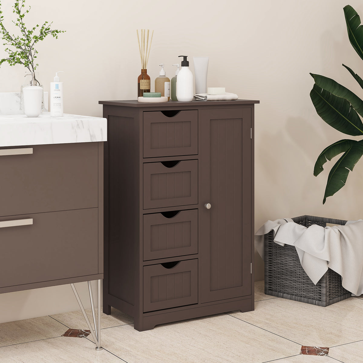 Bathroom Storage Cabinet, Floor Cabinet with Adjustable Shelf and 4 Drawers, Side Cabinet for Washroom, White