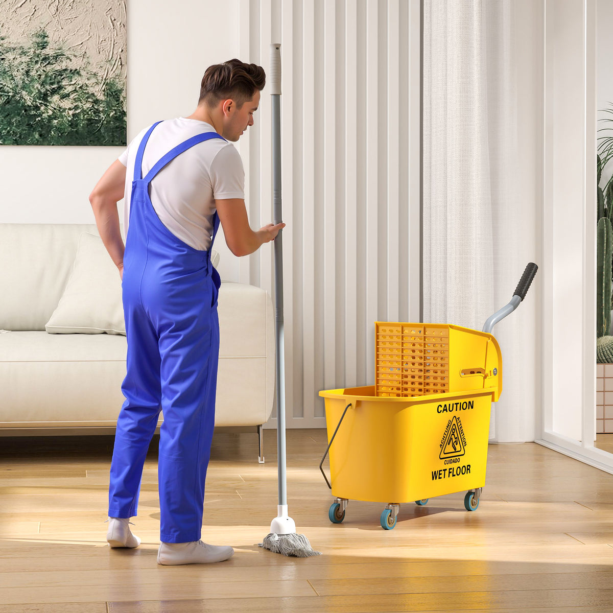 Mop Bucket with Wringer on Wheels for Floor Cleaning, 21 Quart Side Press Wringer with Handle and Mop, Yellow