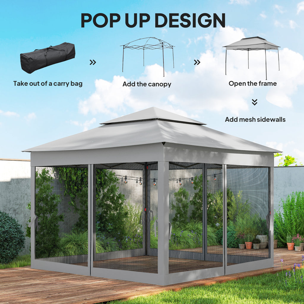 11' x 11' Pop Up Canopy 2-Tier Soft Top Shelter Event Tent w/ Netting Carry Bag for Patio Backyard Garden, Light Grey