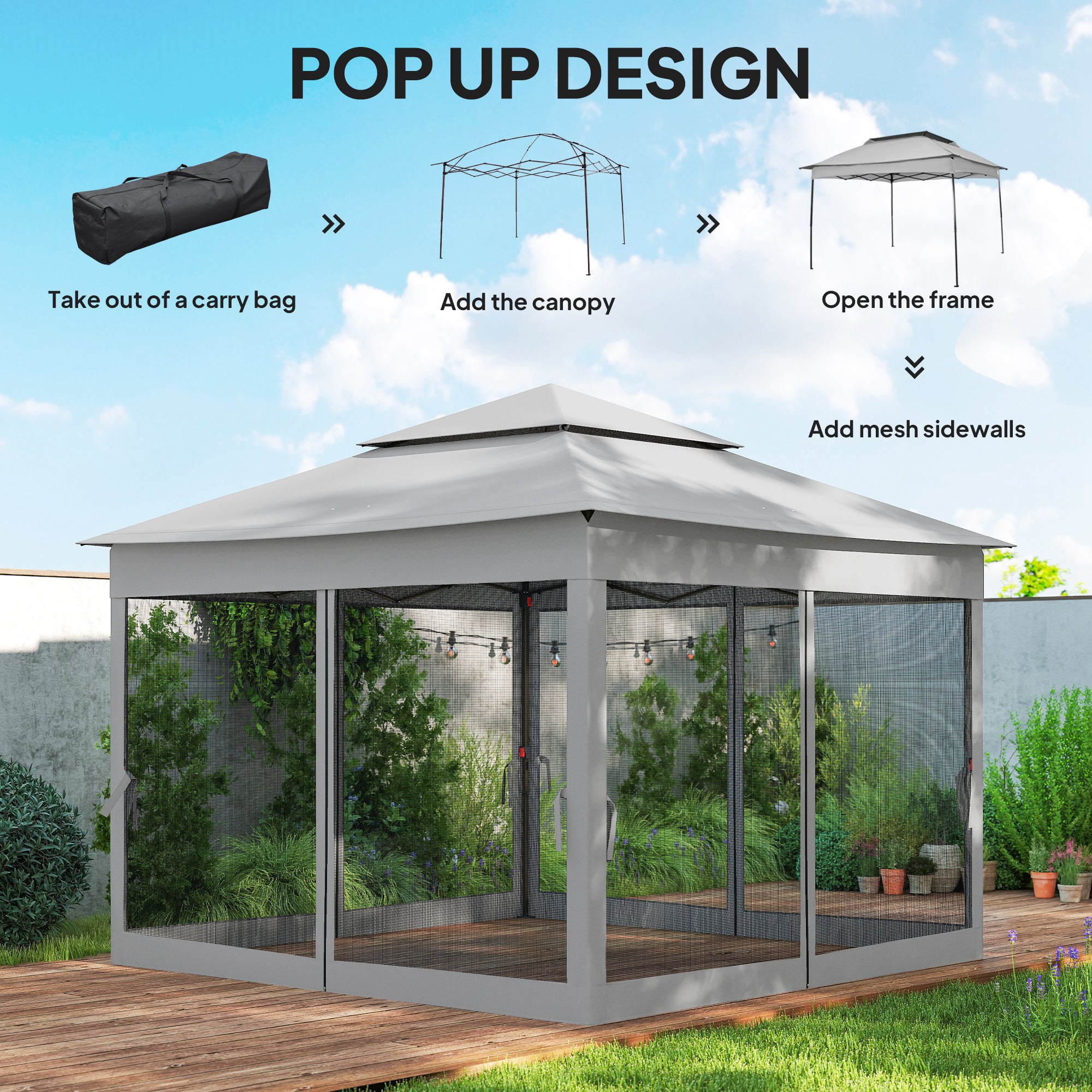 11' x 11' Pop Up Canopy 2-Tier Soft Top Shelter Event Tent w/ Netting Carry Bag for Patio Backyard Garden, Light Grey