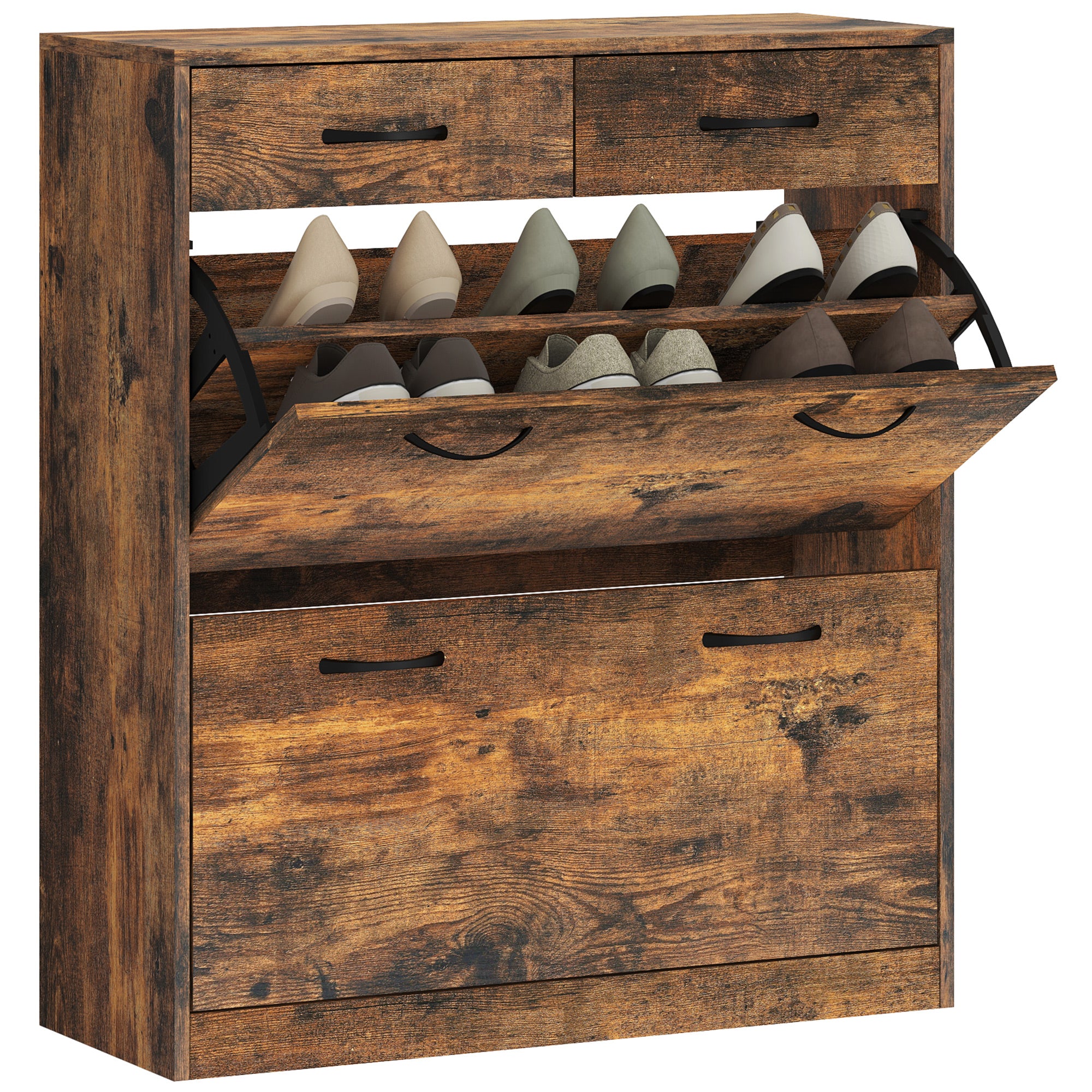 Narrow Shoe Storage with 2 Flip Drawers and Adjustable Shelves Shoe Organizer Cabinet for 12 Pairs of Shoes, Brown