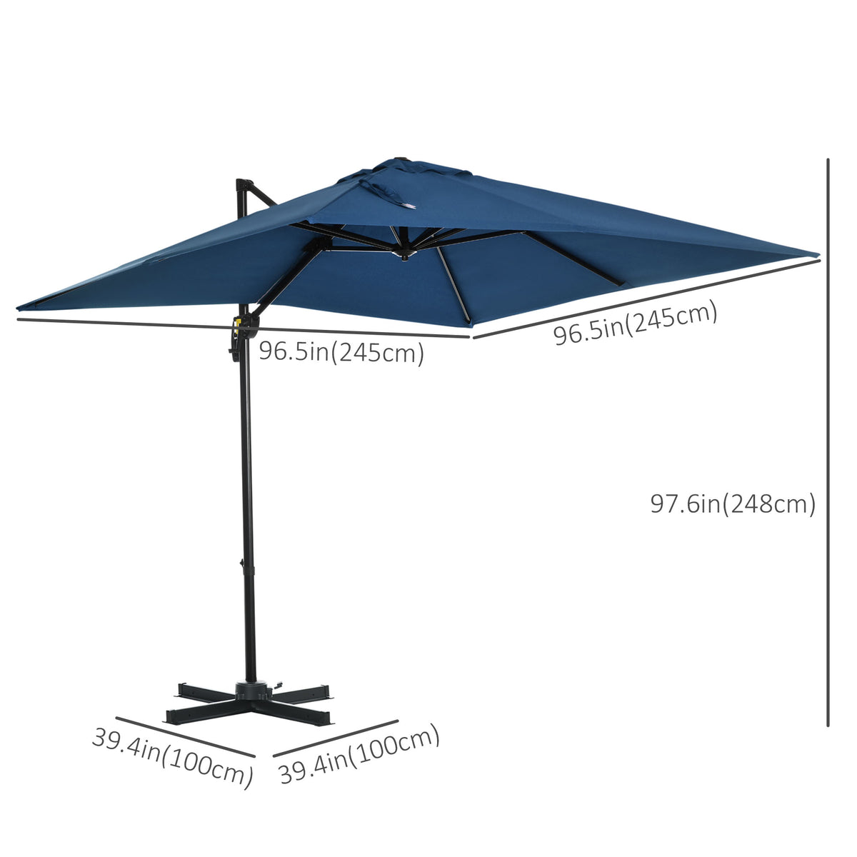 8' x 8' Square Patio Hanging Offset Umbrella with 360° Rotation, Aluminum Outdoor Cantilever Parasol with Crank & Tilt, Sun Canopy Shelter with Cross Base, Dark Blue
