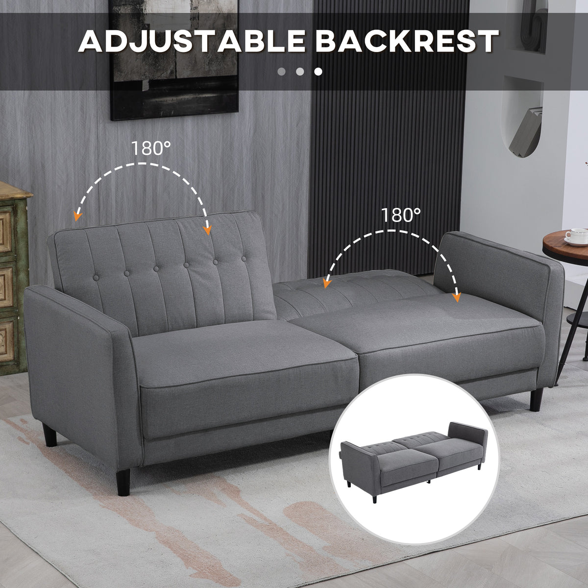Convertible Bed with Couch, Button Tufted Fabric Sofa Bed with Adjustable Back for Living Room, Charcoal Grey