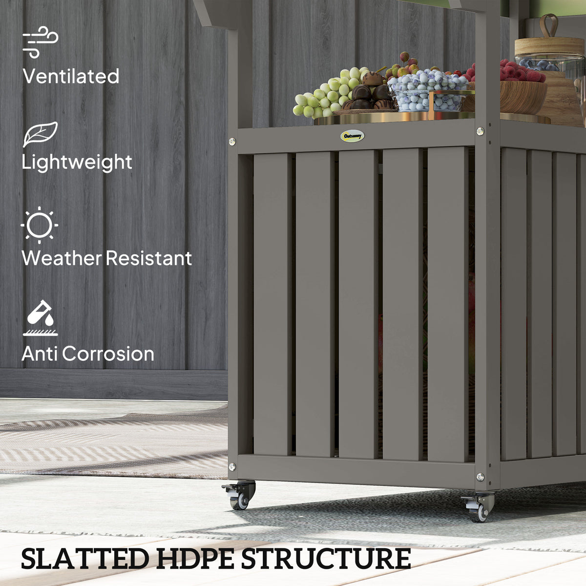 Outdoor Bar Cart with Storage Cabinet, Stainless Steel Outdoor Bar Table Top, Wheeled HDPE Kitchen Island for Food Prep