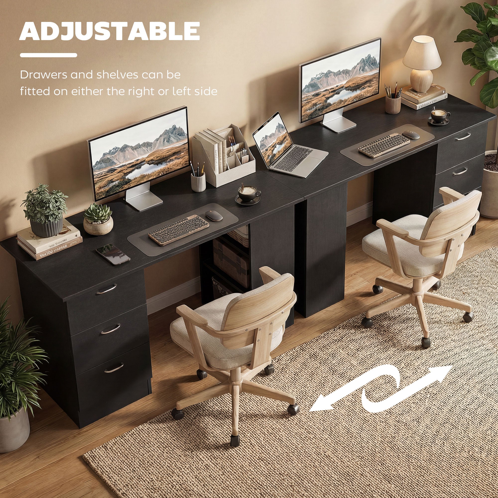 Computer Desk, 47" Writing Table with 3-Tier Shelves and 3 Reversible Drawers for Home Office, Bedroom, White