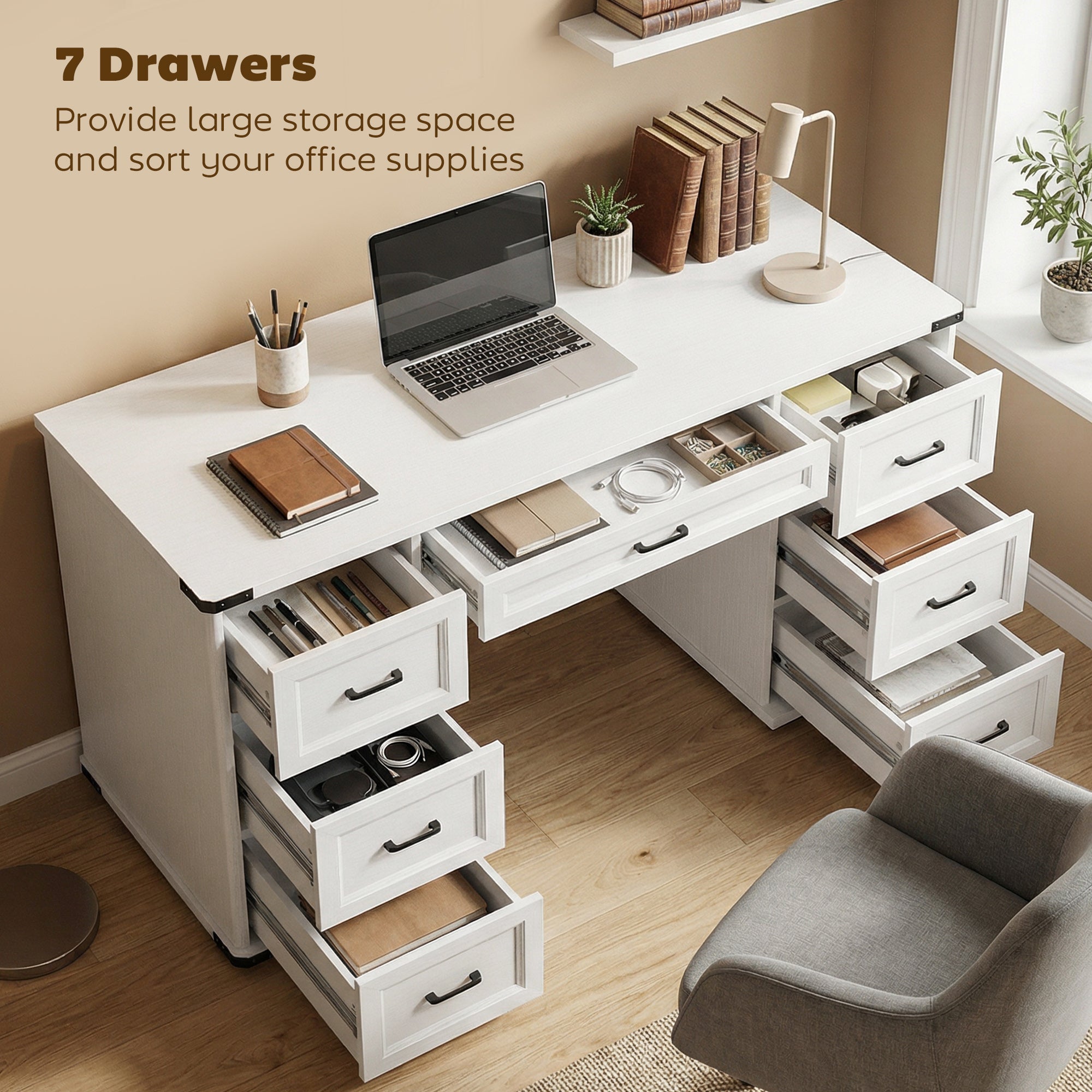 55" Computer Desk with 7 Drawers, Farmhouse Executive Desk for Home Office, Study, Bedroom, Black Wood Grain