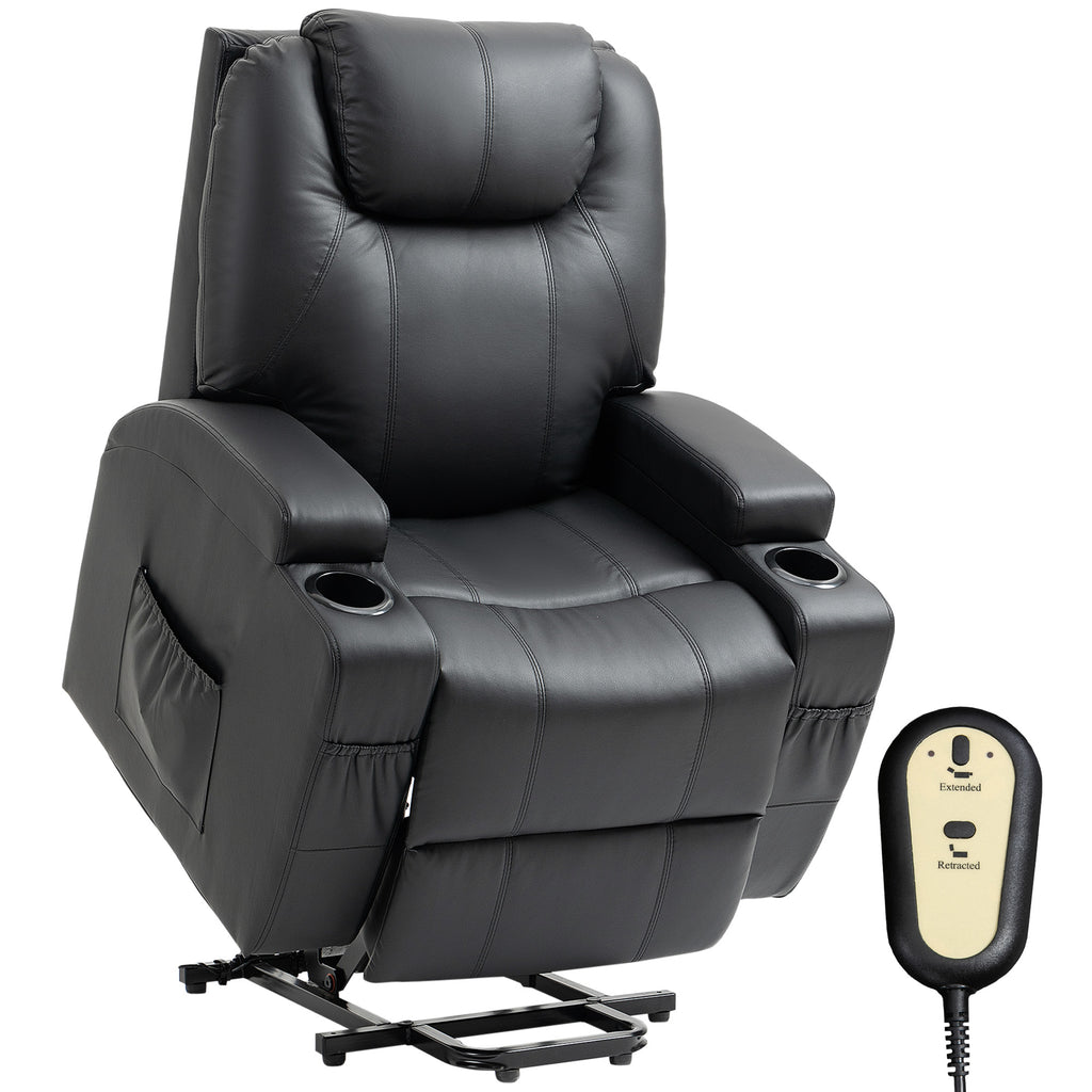Power Lift Recliner Chair for Elderly, PU Leather Lift Chair with Thick and High Back, Footrest, Remote, Side Pockets, Cup Holders, Reclining Sofa for Living Room, Black