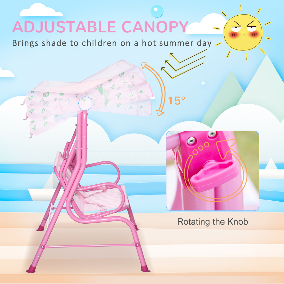 2-Seat Kids Porch Swing Chair, Children Outdoor Patio Furniture Lounge Chair for Garden, with Adjustable Canopy, Seat Belt, Mermaid Pattern, for 3-6 Years Old, Pink