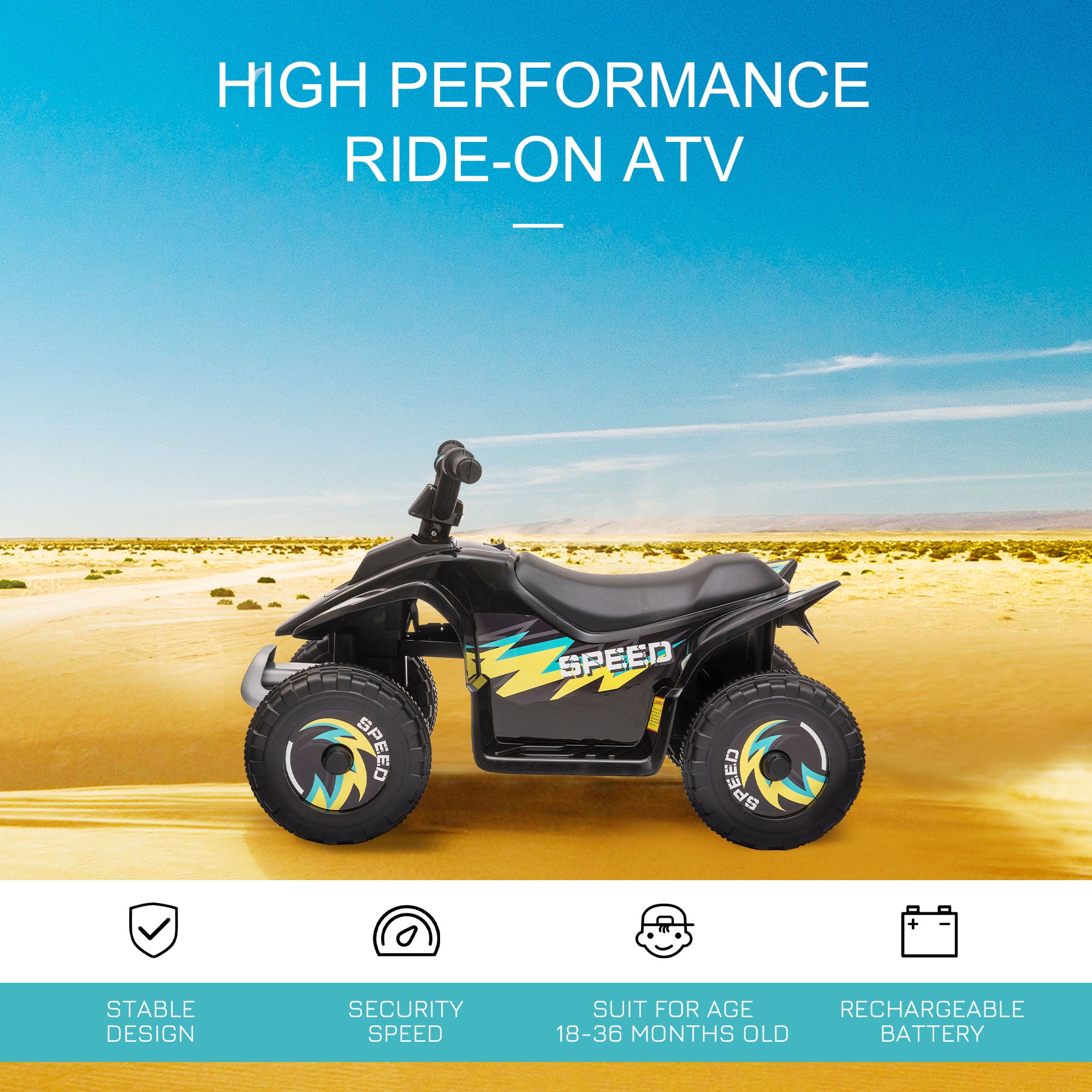 Aosom ናይ ህጻናት መኪና ATV፣ 6V ባትሪ ዝሰርሕ ኳድ መኪና ናብ ቅድሚት፡ ድሕሪት ዝኸይድ ስዊች ዘለዎ፣ ንወድን ጓልን 18-36 ኣዋርሕ ዝኸውን፣ ጸሊም