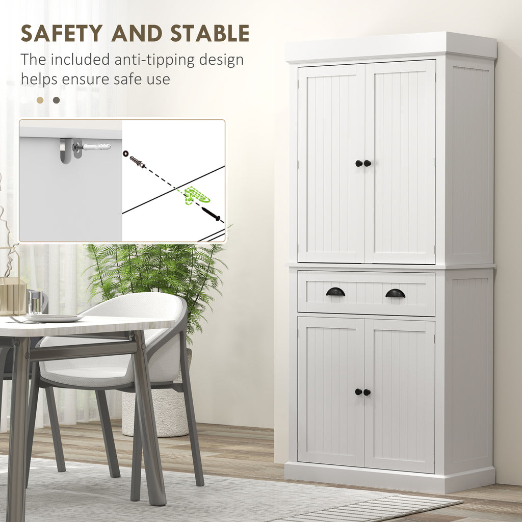 71" Kitchen Pantry Cabinet with LED Lights, 6 Spice Racks, a Drawer and 4 Adjustable Shelves, White