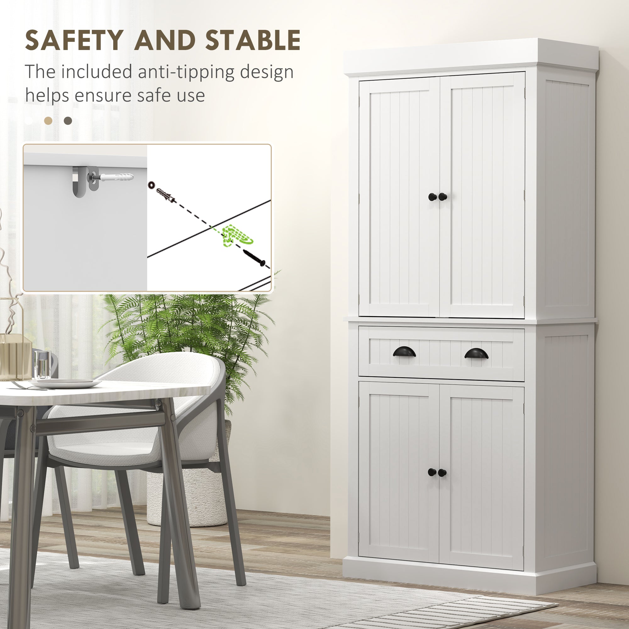 71" Kitchen Pantry Cabinet with LED Lights, 6 Spice Racks, a Drawer and 4 Adjustable Shelves, White