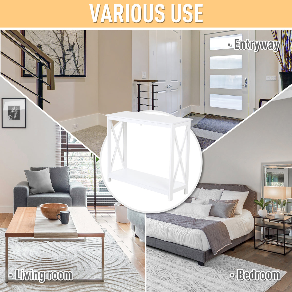 40" Console Table, 2 Tier X-Design Narrow Entryway Table with Storage Shelf for Behind Couch, Living Room, Hallway, White