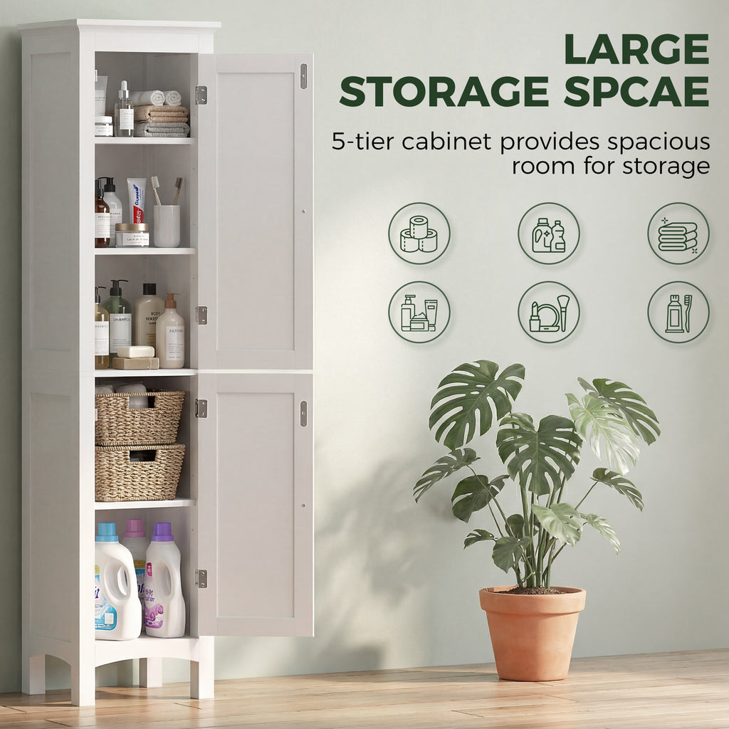 Tall Bathroom Cabinet, Freestanding Storage Organizer with Adjustable Shelves and Cupboards, 15" x 13" x 63", White