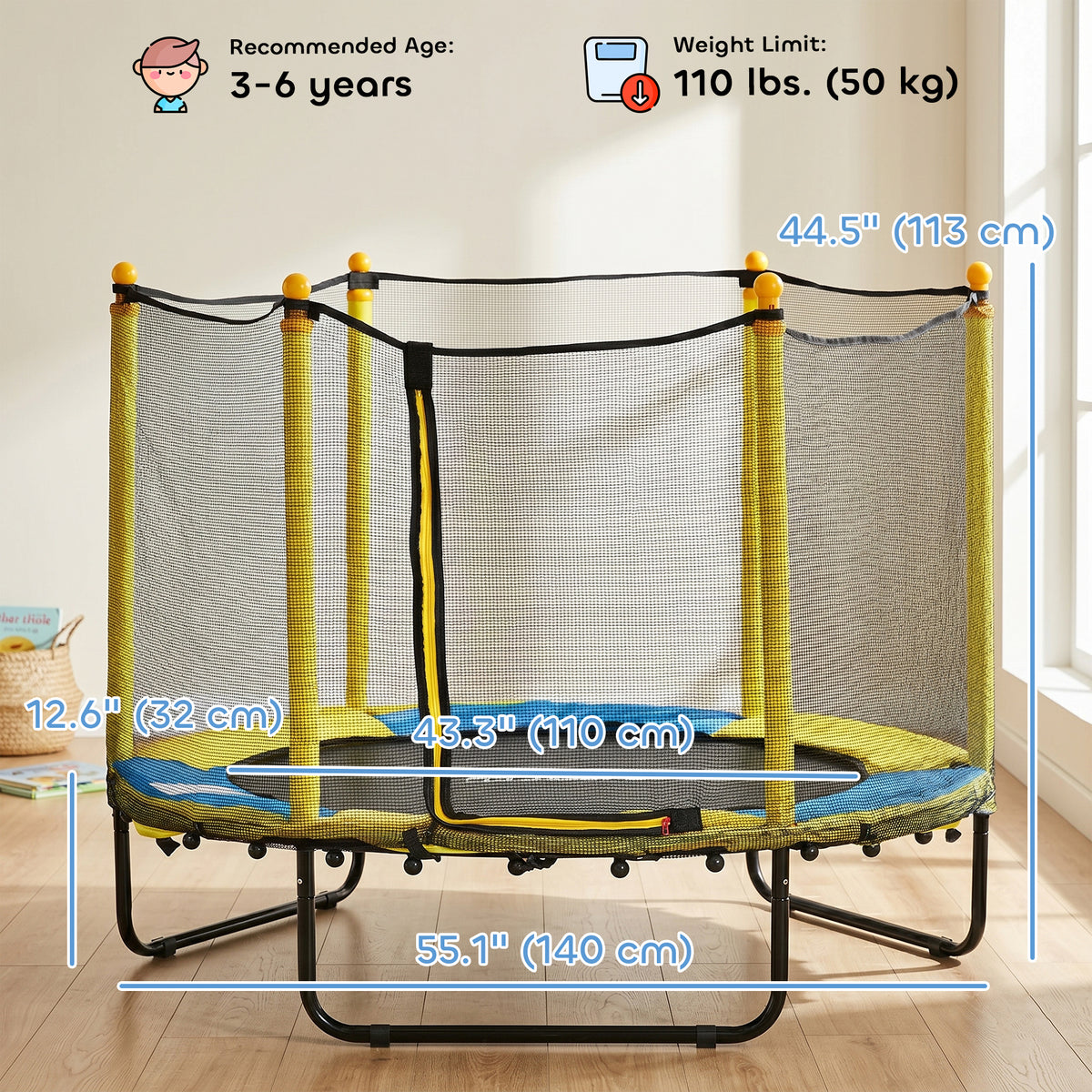 Qaba 4.6FT Trampoline for Kids with Enclosure Net for Ages 3-6, Indoor Outdoor Use, Black