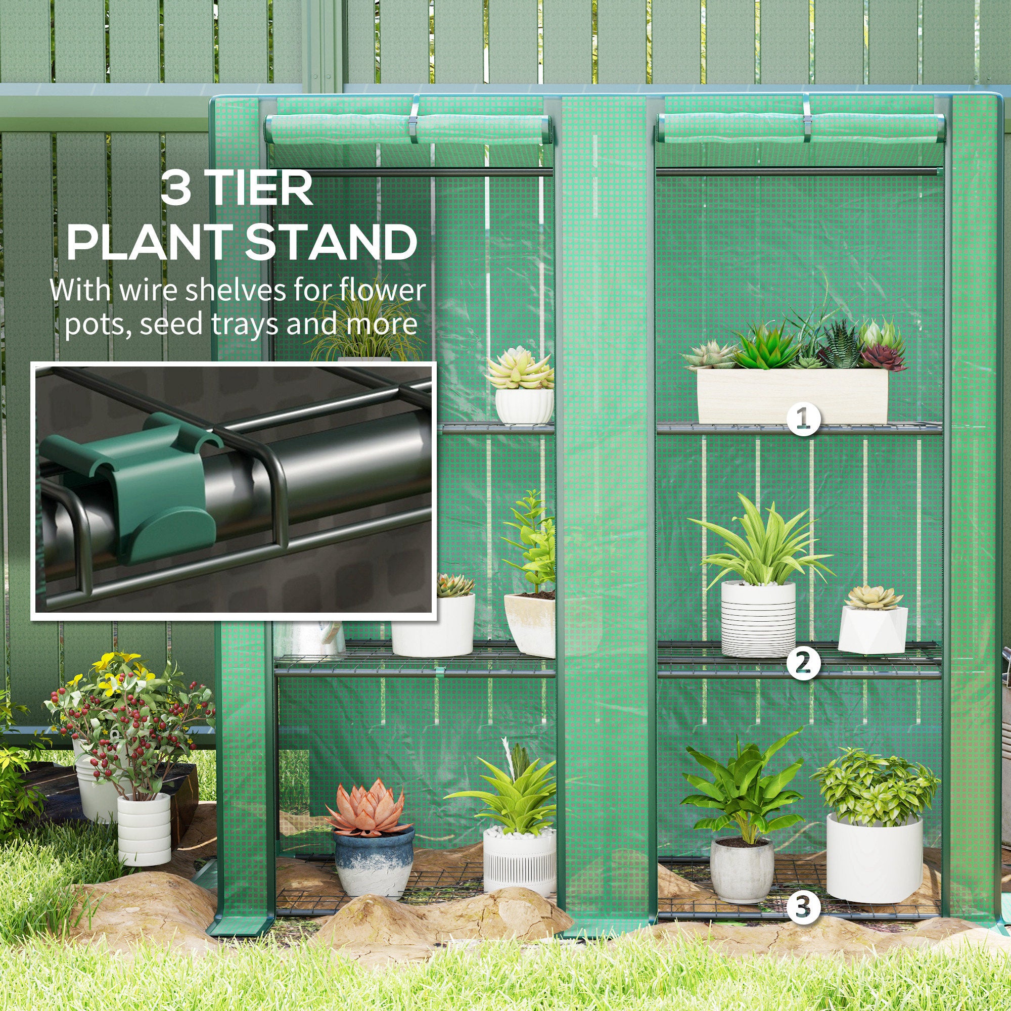 Lean-to Greenhouse with 3 Tier Shelves, Mini Greenhouse with 3 Roll-Up Doors for Indoor Outdoor, Green