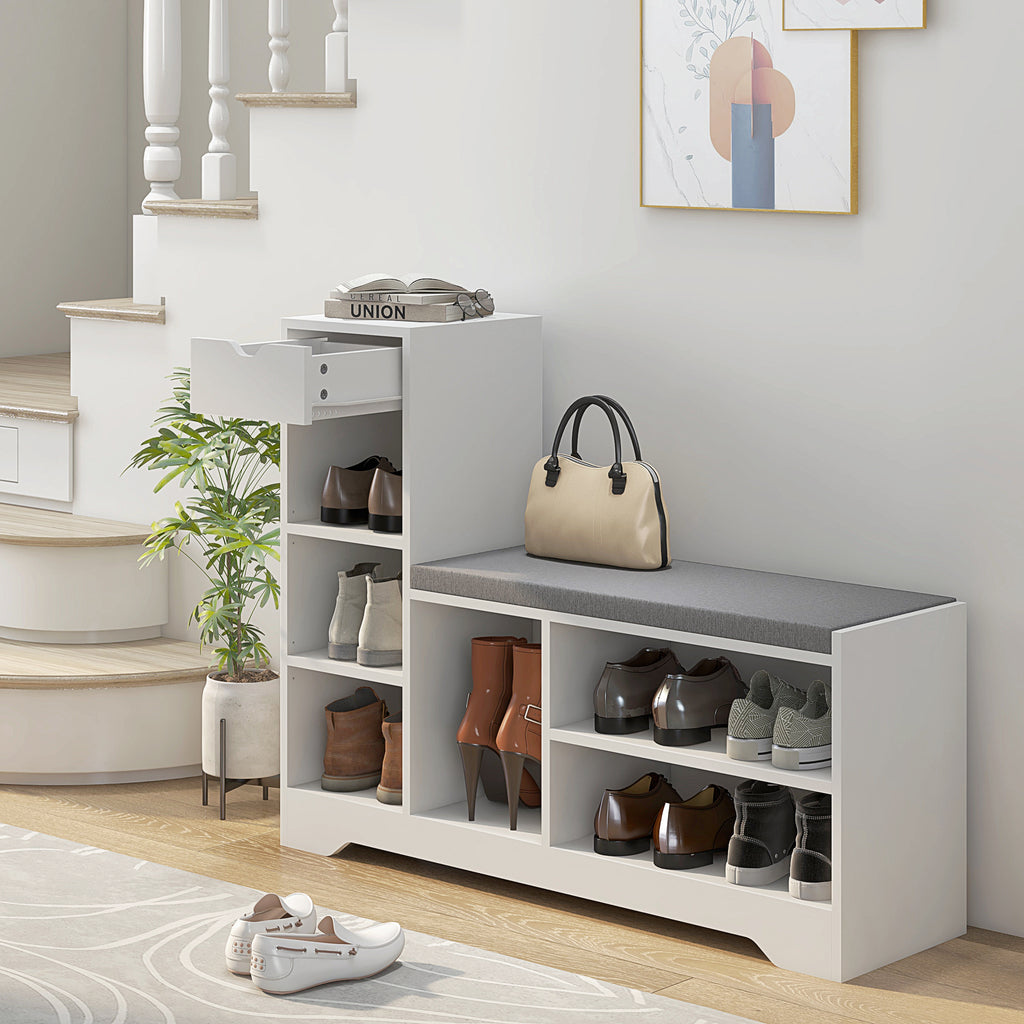 Upholstered Shoe Storage Bench w/ Seat, Entrance Bench w/ Drawer and 6 Open Shelves for Hallway, White