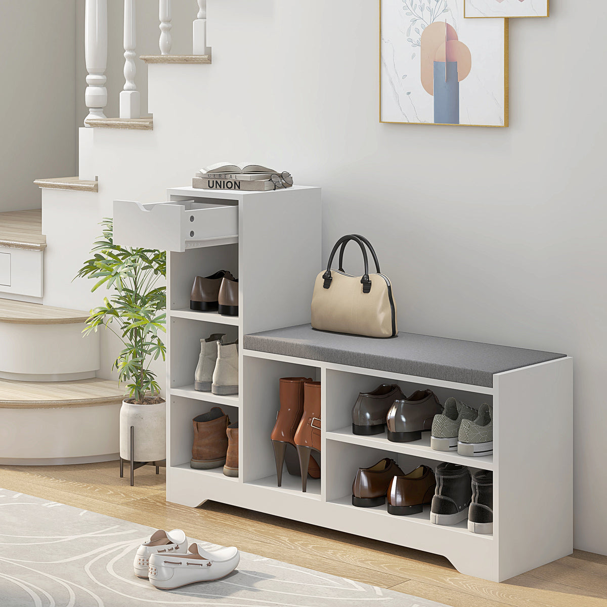 Upholstered Shoe Storage Bench w/ Seat, Entrance Bench w/ Drawer and 6 Open Shelves for Hallway, White