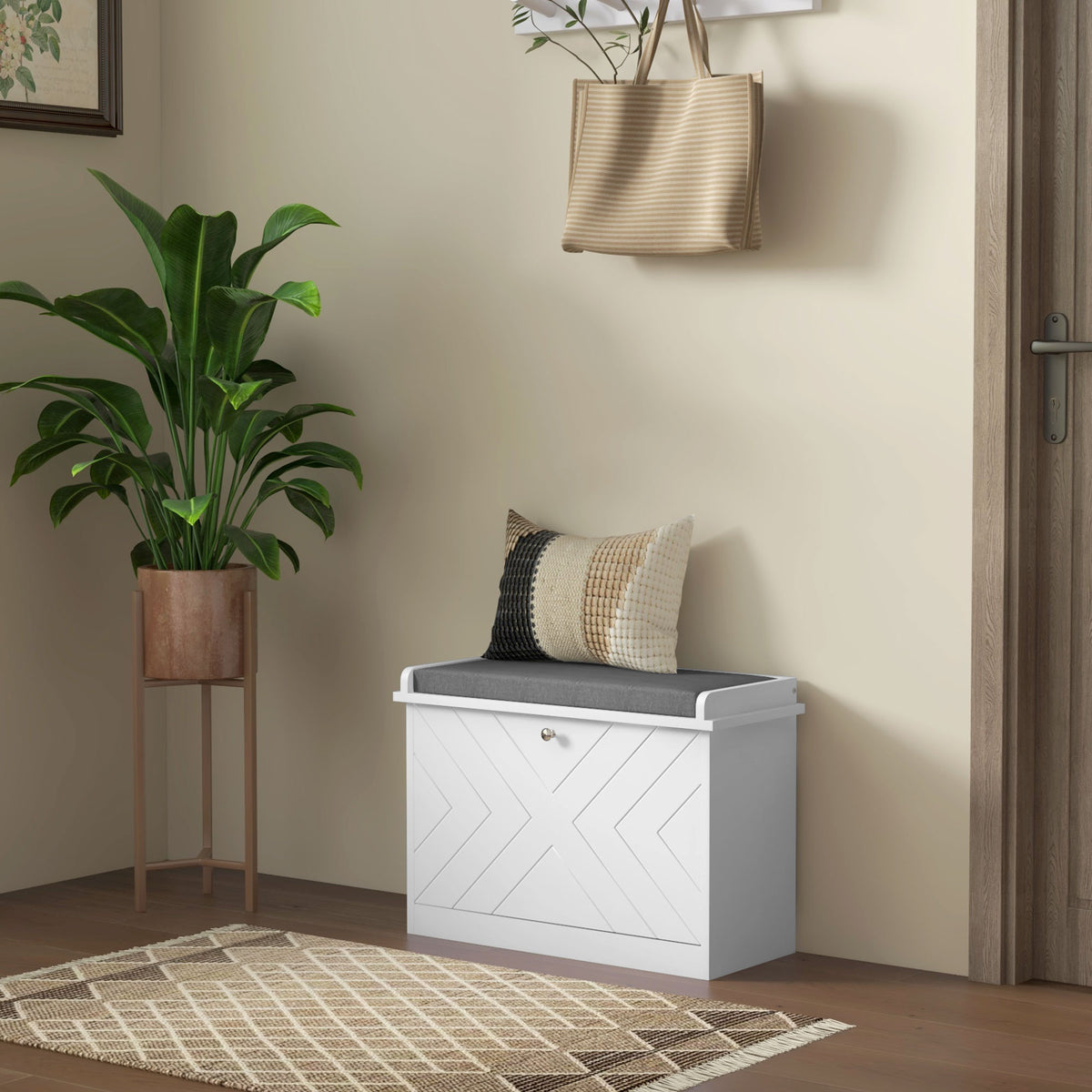 Shoe Storage with Seat, Upholstered Hallway Bench, Shoe Bench with Flip Drawer, Adjustable Shelf for 4-6 Pairs of Shoes