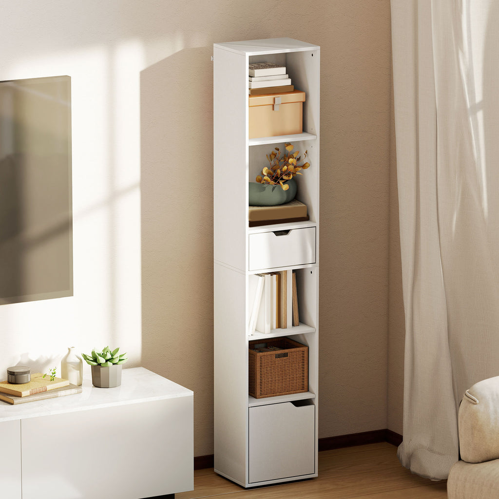 6-Tier Bookcase, Tall Narrow Bookshelf with Drawer and Door, White