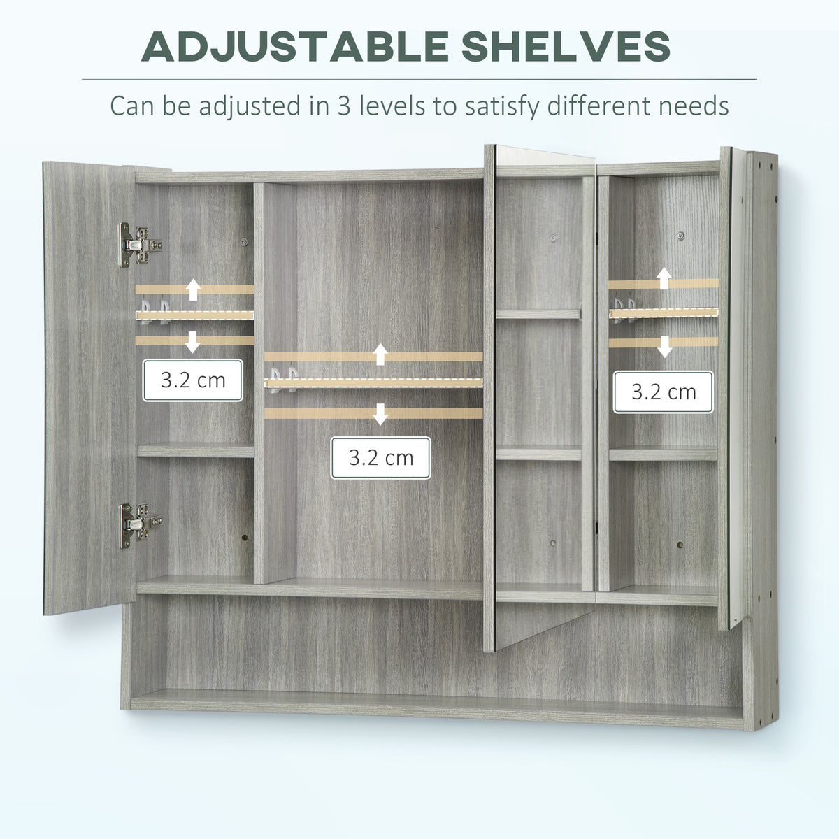 Wall Mounted Bathroom Medicine Cabinet with Mirror and Adjustable Shelves, Grey
