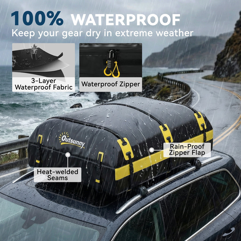 Rooftop Cargo Carrier, 21 Cubic Feet Waterproof Soft-Shell Car Roof Storage Bag w/ Door Hooks, Reflective Arrows, Yellow