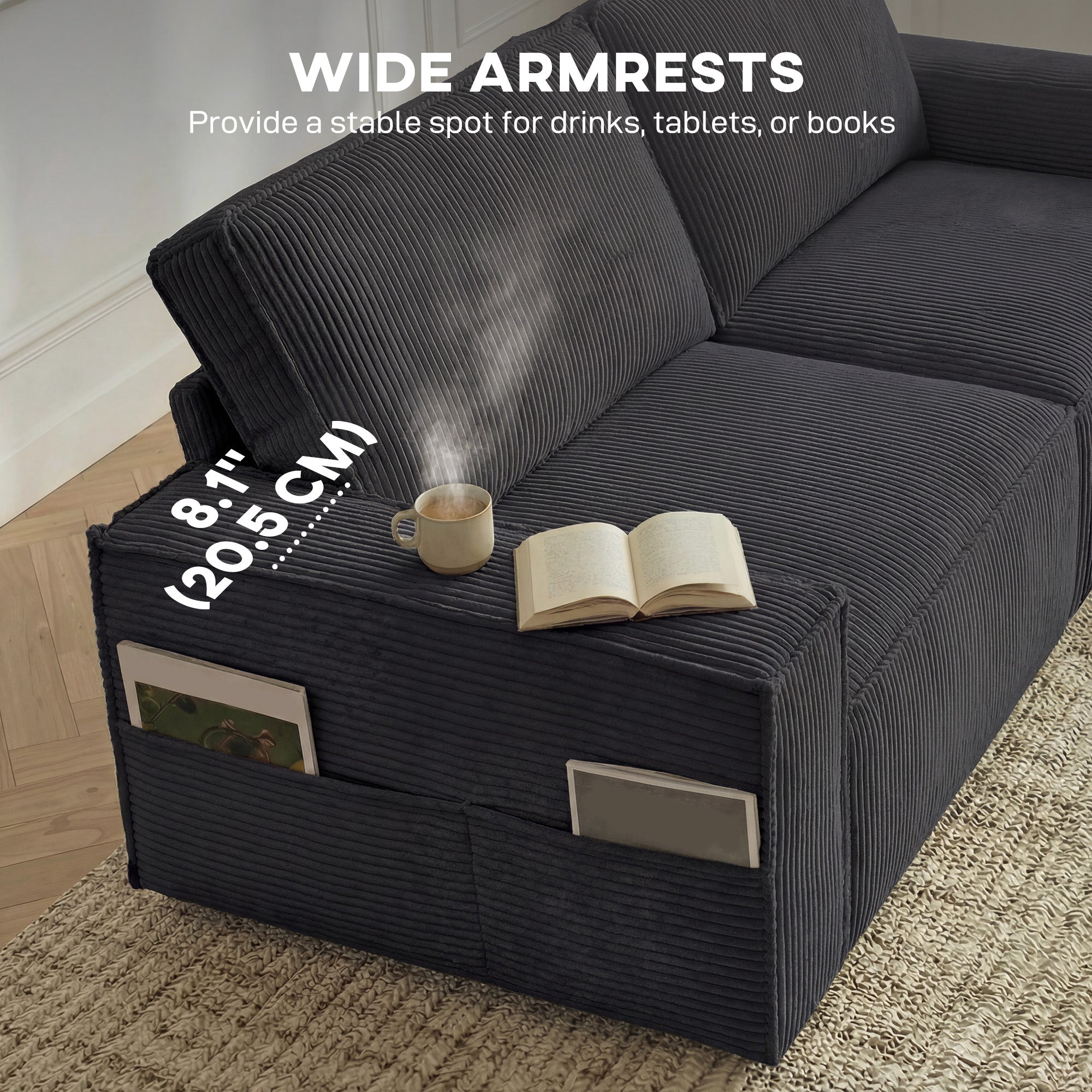 86" 3 Seater Sofa, Modern Corduroy Upholstered Couch, Dark Grey