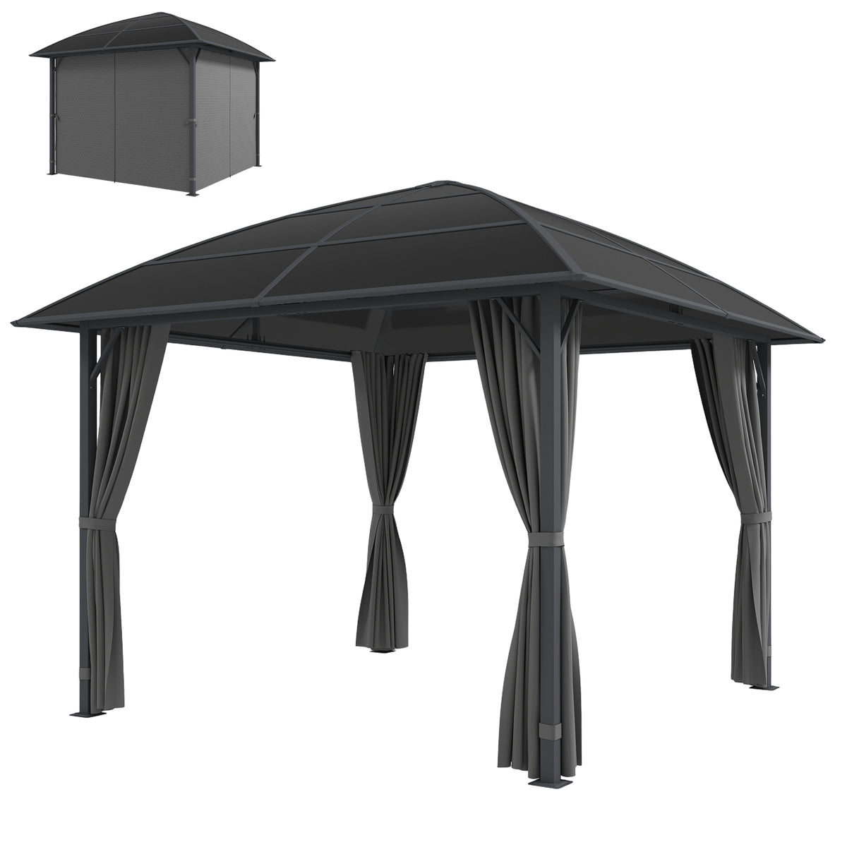 10' x 10' Outdoor Hardtop Gazebo Canopy with UV50+ Polycarbonate Roof, Steel Frame, Central Hook, Curtains, Light Grey