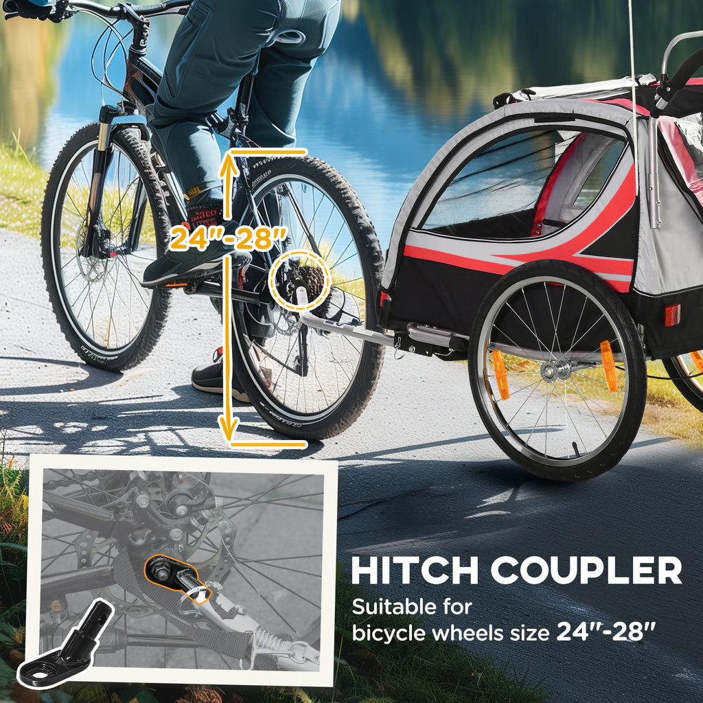 Aosom 2 Seat Bike Trailer for Kids 2-in-1 Double Baby Stroller with Handbrake, Rubber Wheels, 5 Point Harness, Waterproof Cover, Storage Bag, Reflectors, Green